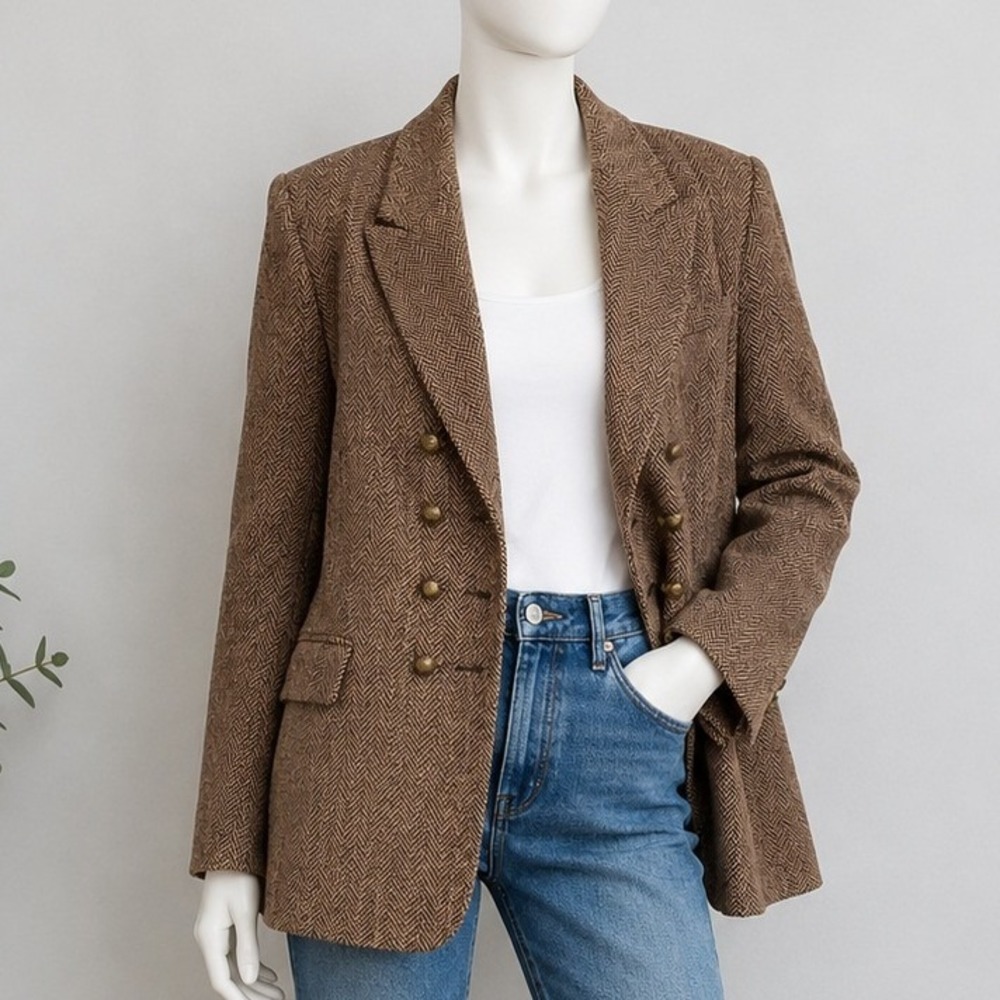 H&M Womens Blazer Brown Herringbone Tweed Double Breasted Academic 6
